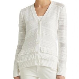 Lauren Ralph Lauren Fringe-Trim Cardigan - White S